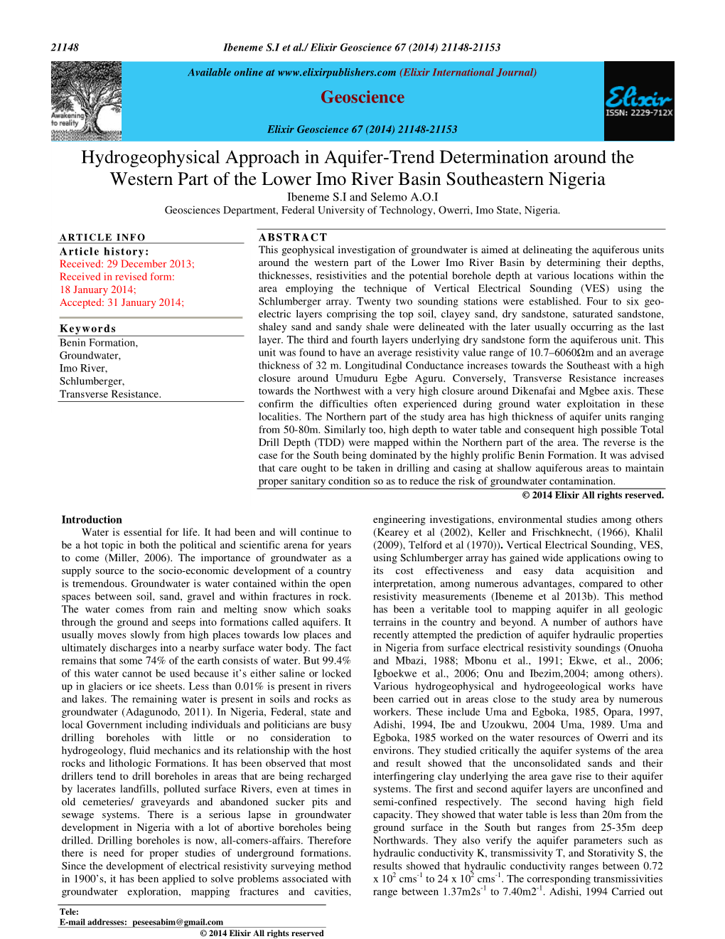 Hydrogeophysical Approach in Aquifer-Trend Determination Around the Western Part of the Lower Imo River Basin Southeastern Niger