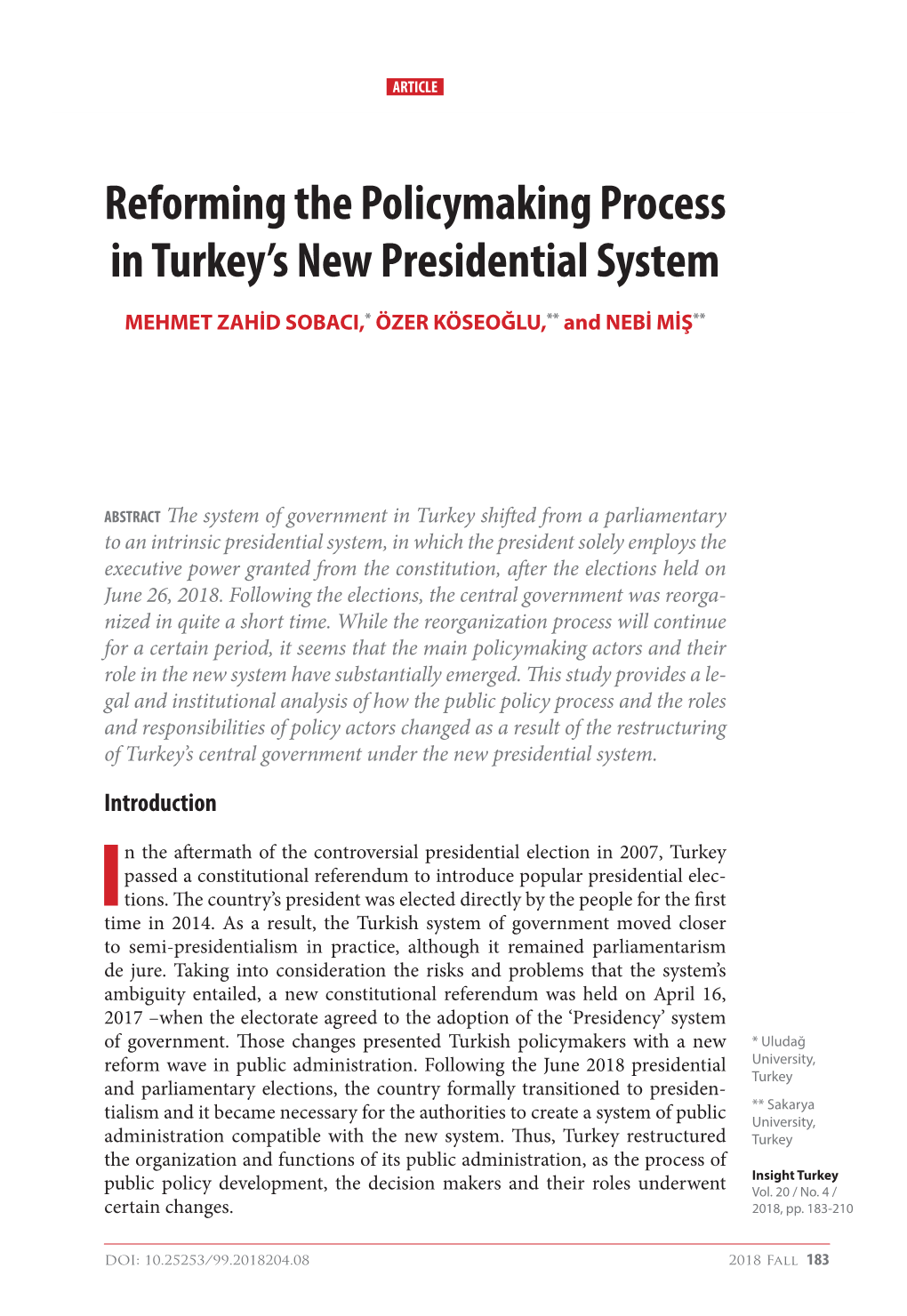 Reforming the Policymaking Process in Turkey's New Presidential System