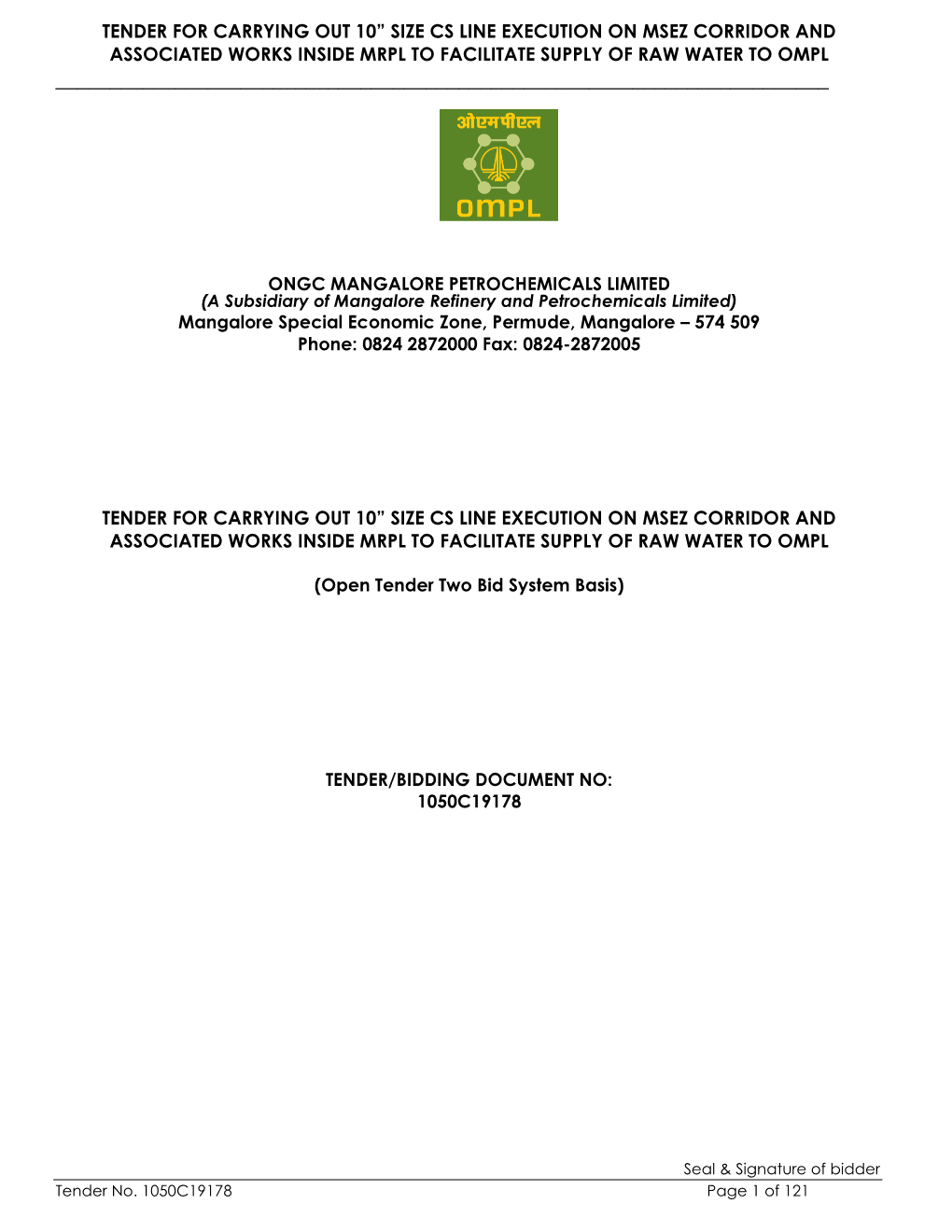 Tender for Carrying out 10” Size Cs Line Execution on Msez Corridor and Associated Works Inside Mrpl to Facilitate Supply of Raw Water to Ompl