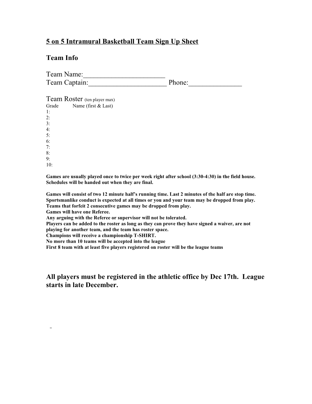 5 on 5 Intramural Basketball Team Sign up Sheet