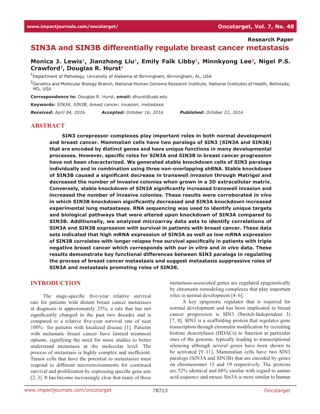 SIN3A and SIN3B Differentially Regulate Breast Cancer Metastasis