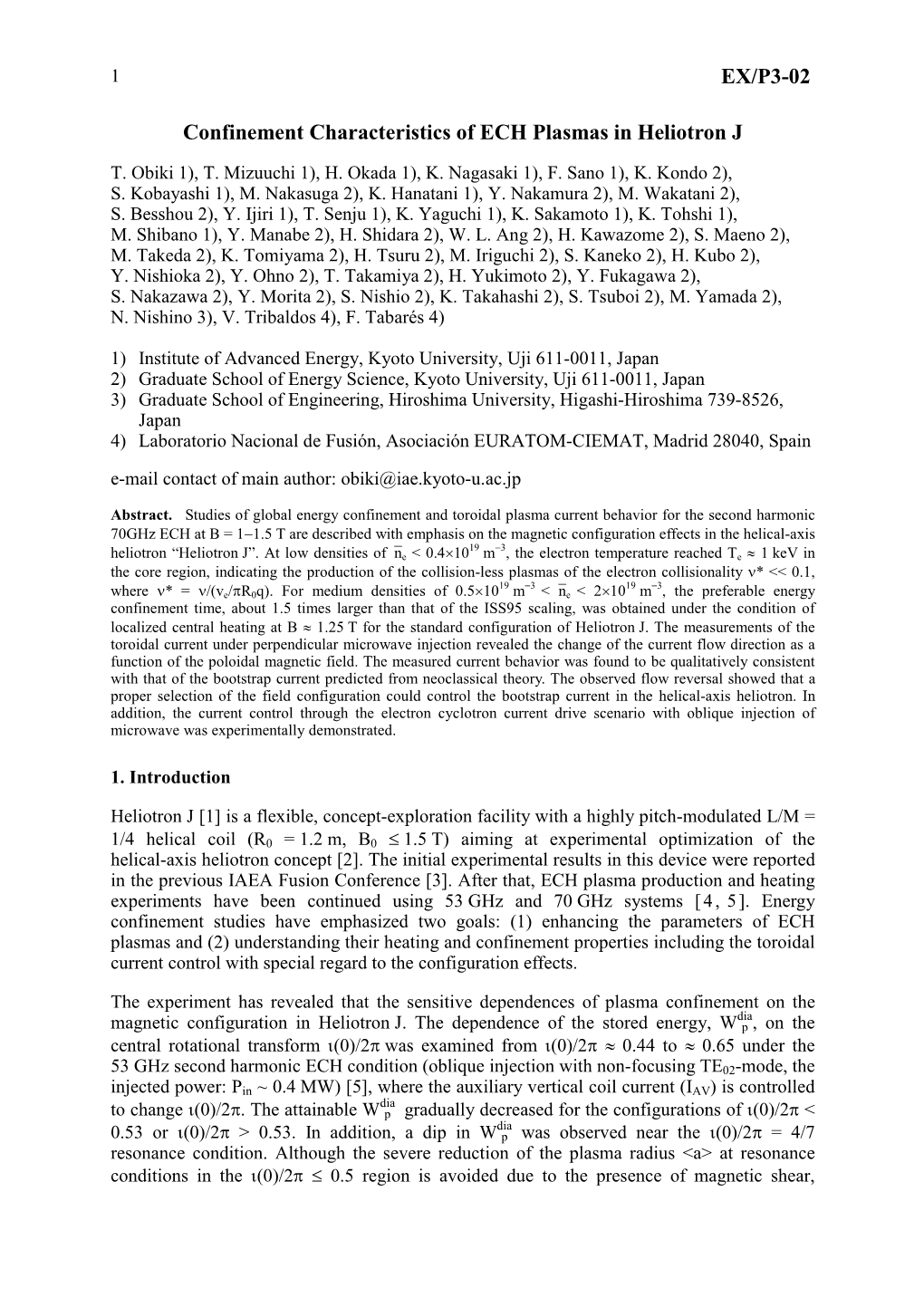 EX/P3-02 Confinement Characteristics of ECH Plasmas in Heliotron J