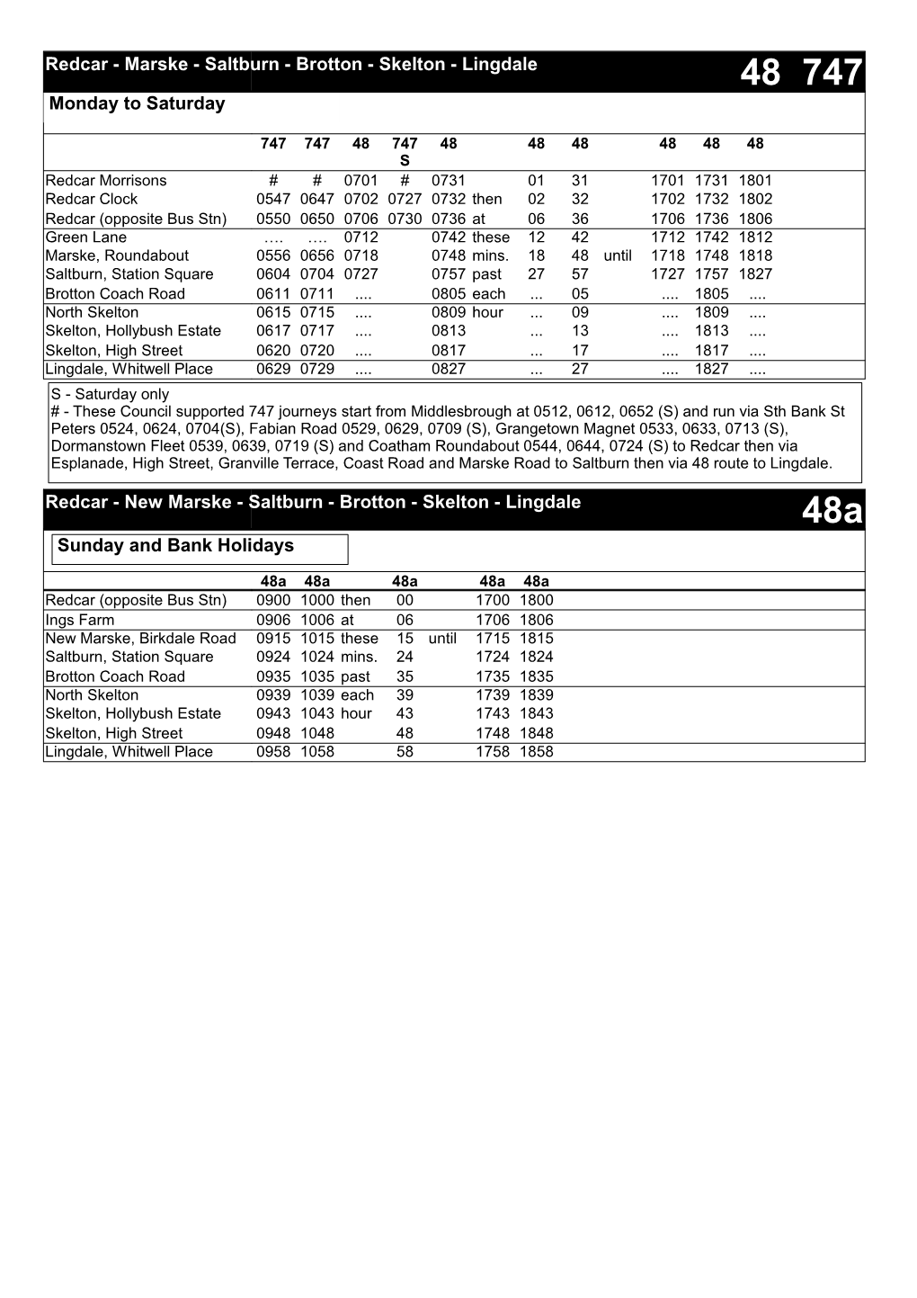 48 747 Monday to Saturday