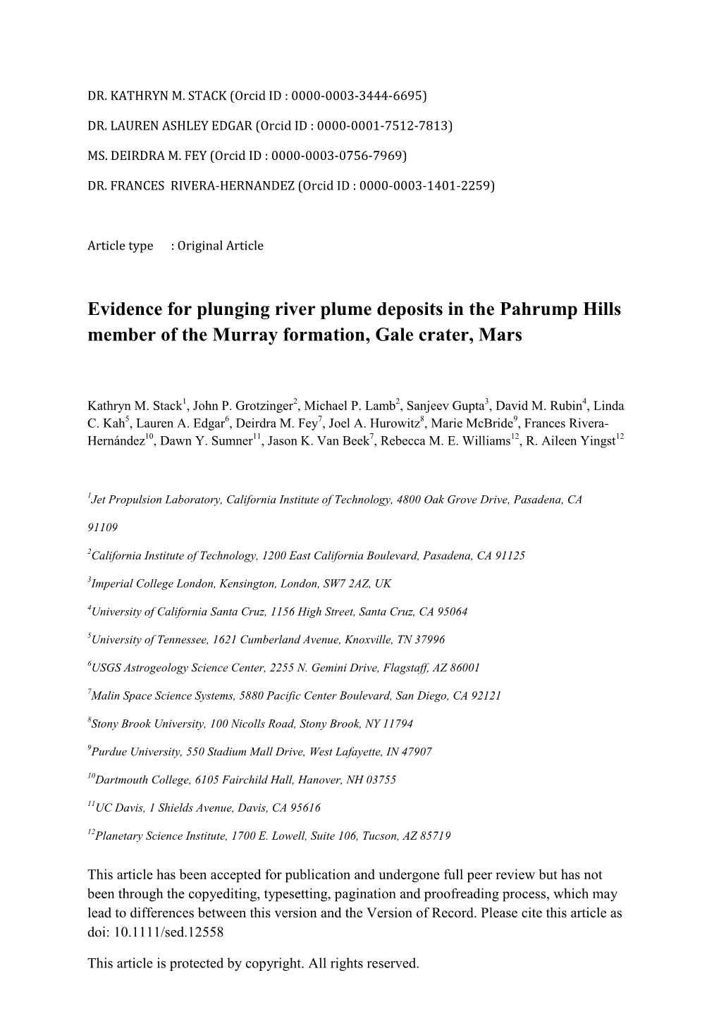 Evidence for Plunging River Plume Deposits in the Pahrump Hills Member of the Murray Formation, Gale Crater, Mars