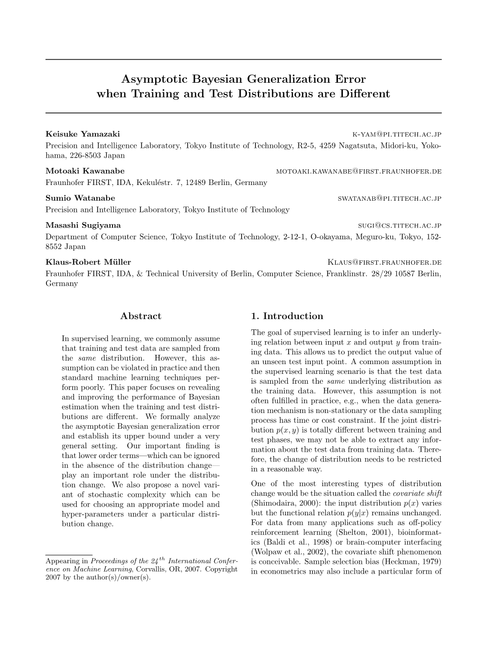 Asymptotic Bayesian Generalization Error When Training and Test Distributions Are Diﬀerent