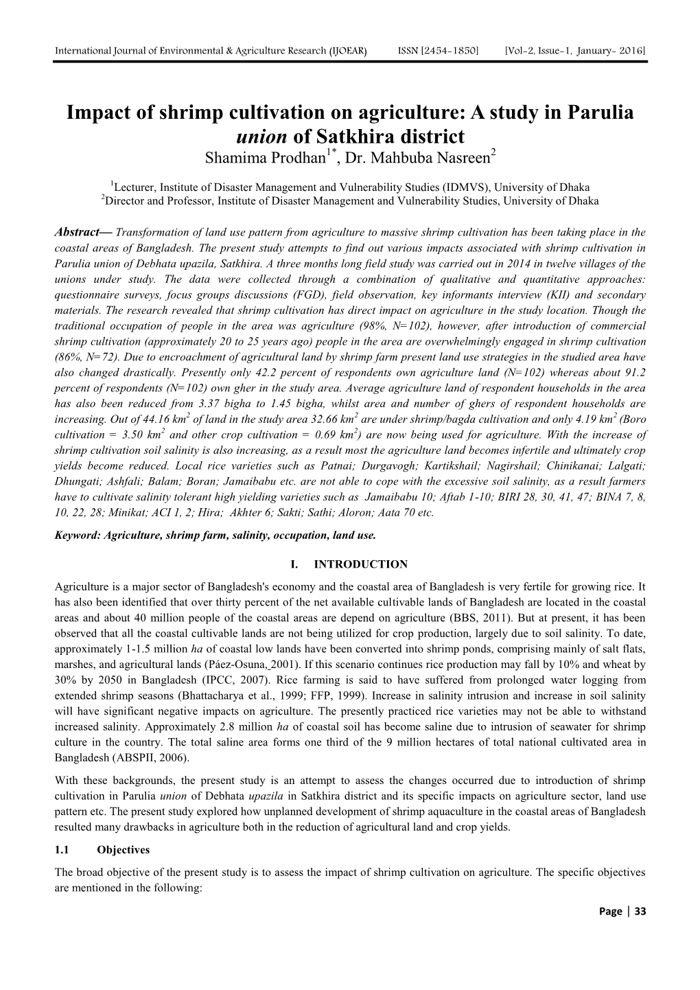 Impact of Shrimp Cultivation on Agriculture: a Study in Parulia Union of Satkhira District Shamima Prodhan1*, Dr