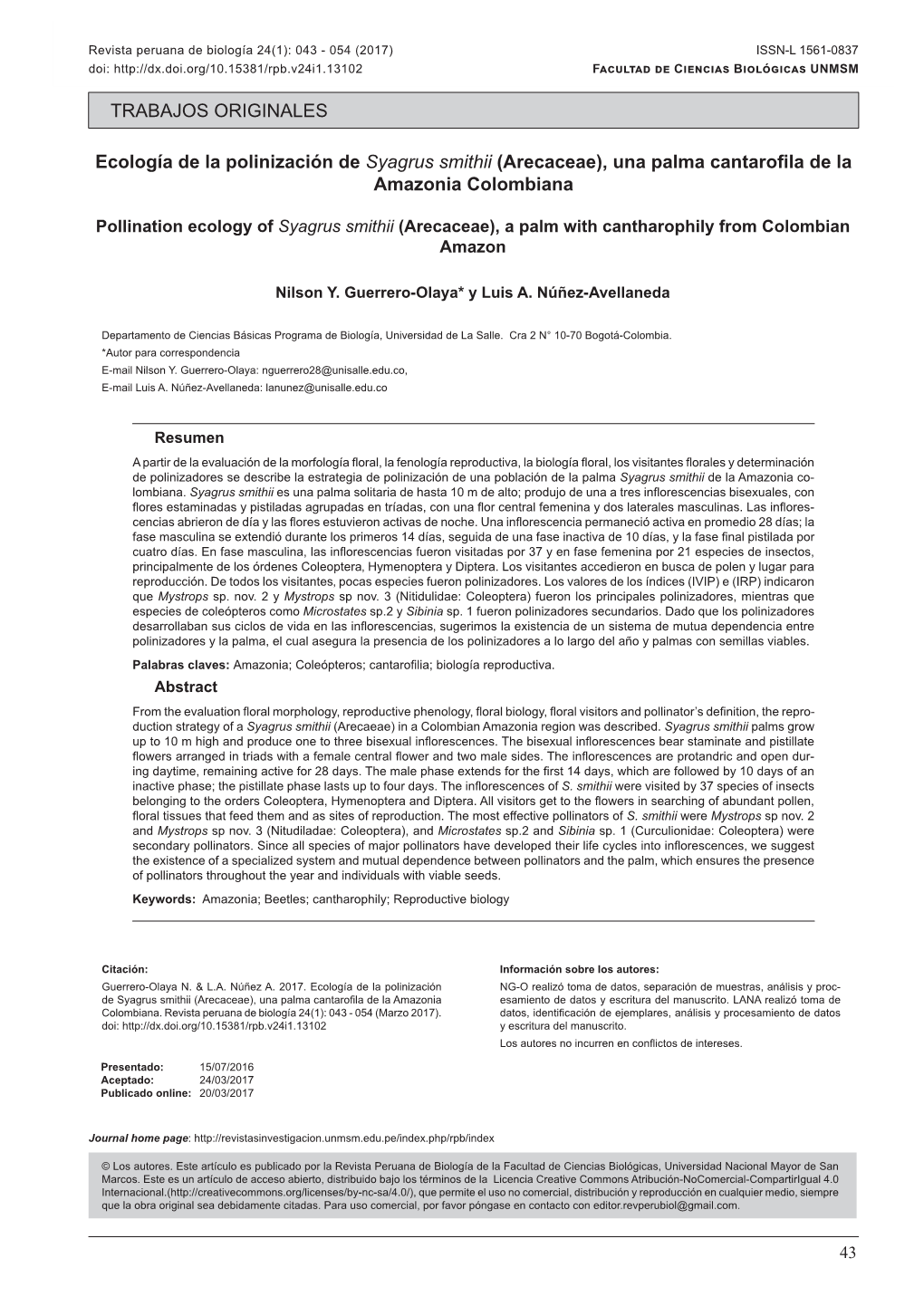 Ecología De La Polinización De Syagrus Smithii (Arecaceae), Una Palma Cantarofila De La Amazonia Colombiana