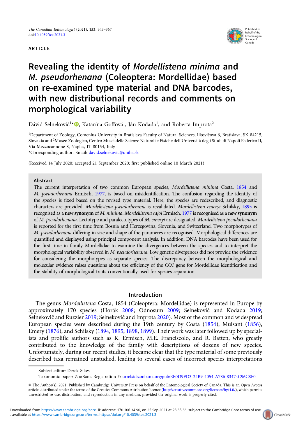 Coleoptera: Mordellidae) Based on Re-Examined Type Material and DNA Barcodes, with New Distributional Records and Comments on Morphological Variability