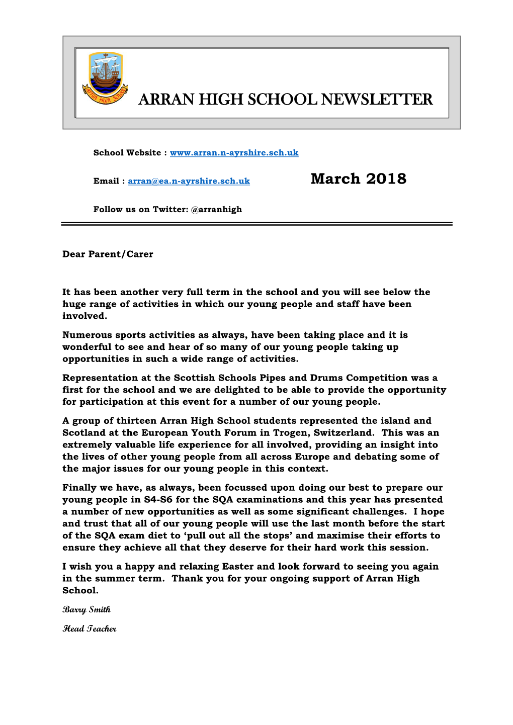 Arran High School Newsletter