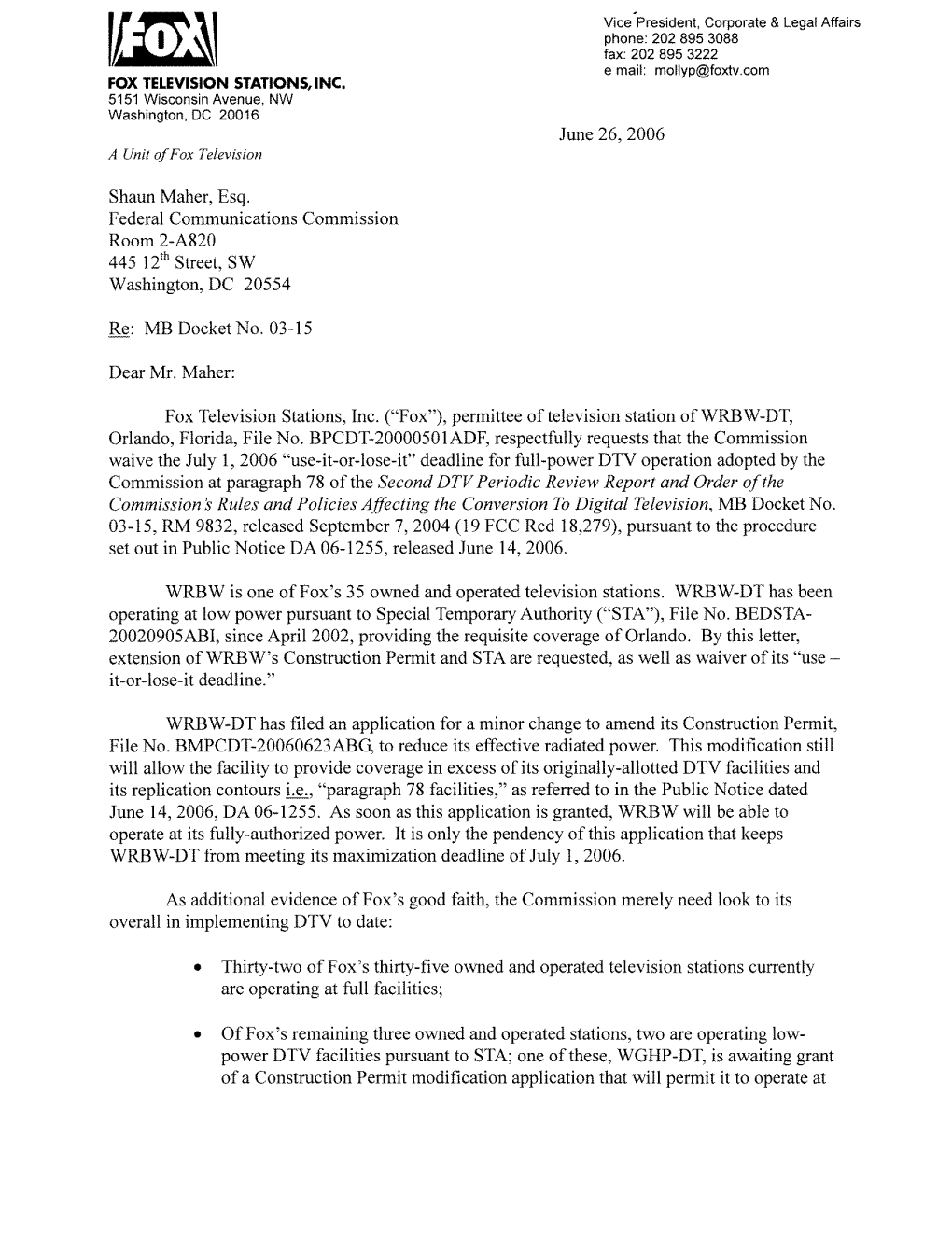 Shaun Maher, Esq. Federal Communications Commission Room 2-A820 445 12Th Street, SW Washington, DC 20554