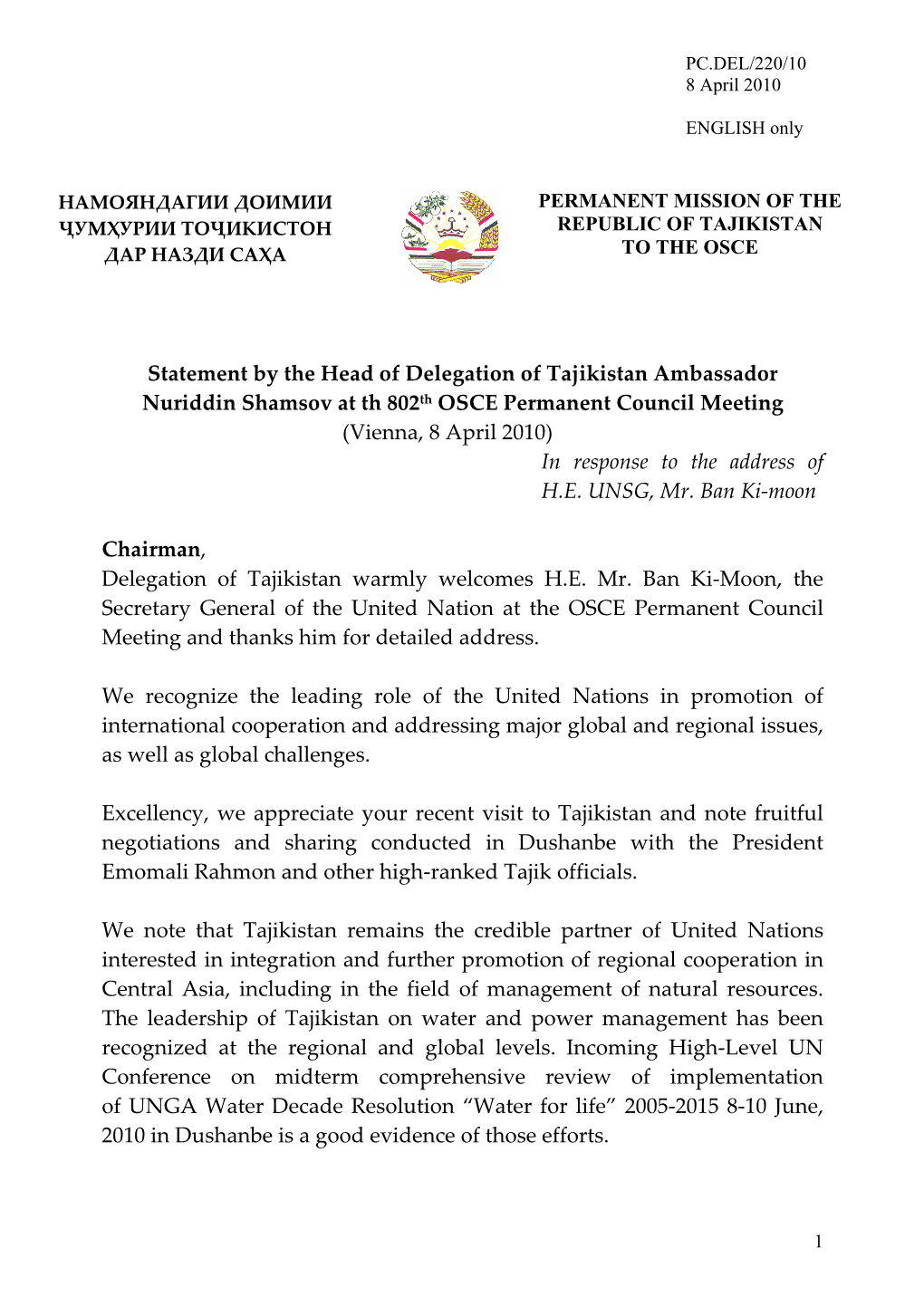 Statement by the Head of Delegation of Tajikistan Ambassador Nuriddin Shamsov at Th 802Th OSCE Permanent Council Meeting (Vienna