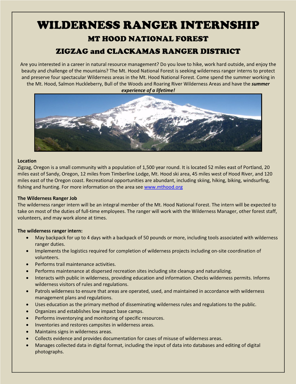 WILDERNESS RANGER INTERNSHIP MT HOOD NATIONAL FOREST ZIGZAG and CLACKAMAS RANGER DISTRICT