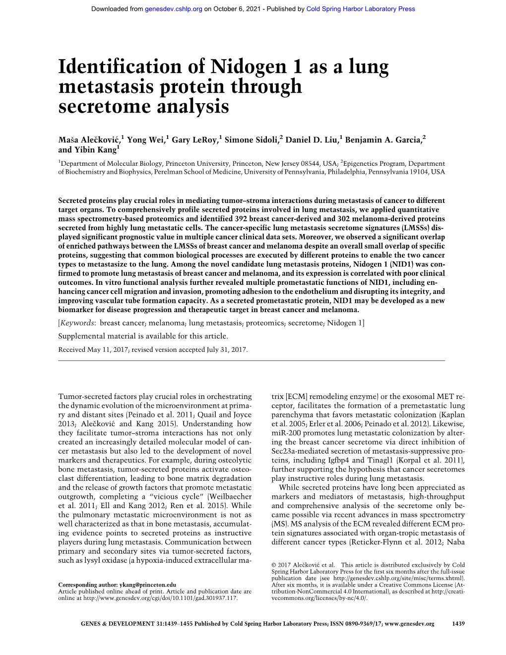 Identification of Nidogen 1 As a Lung Metastasis Protein Through Secretome Analysis