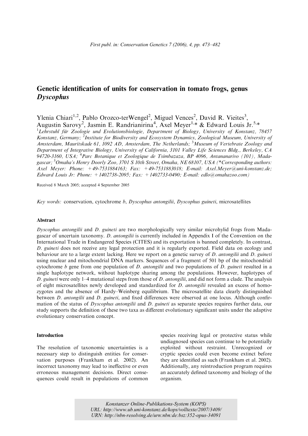 Genetic Identification of Units for Conservation in Tomato Frogs, Genus