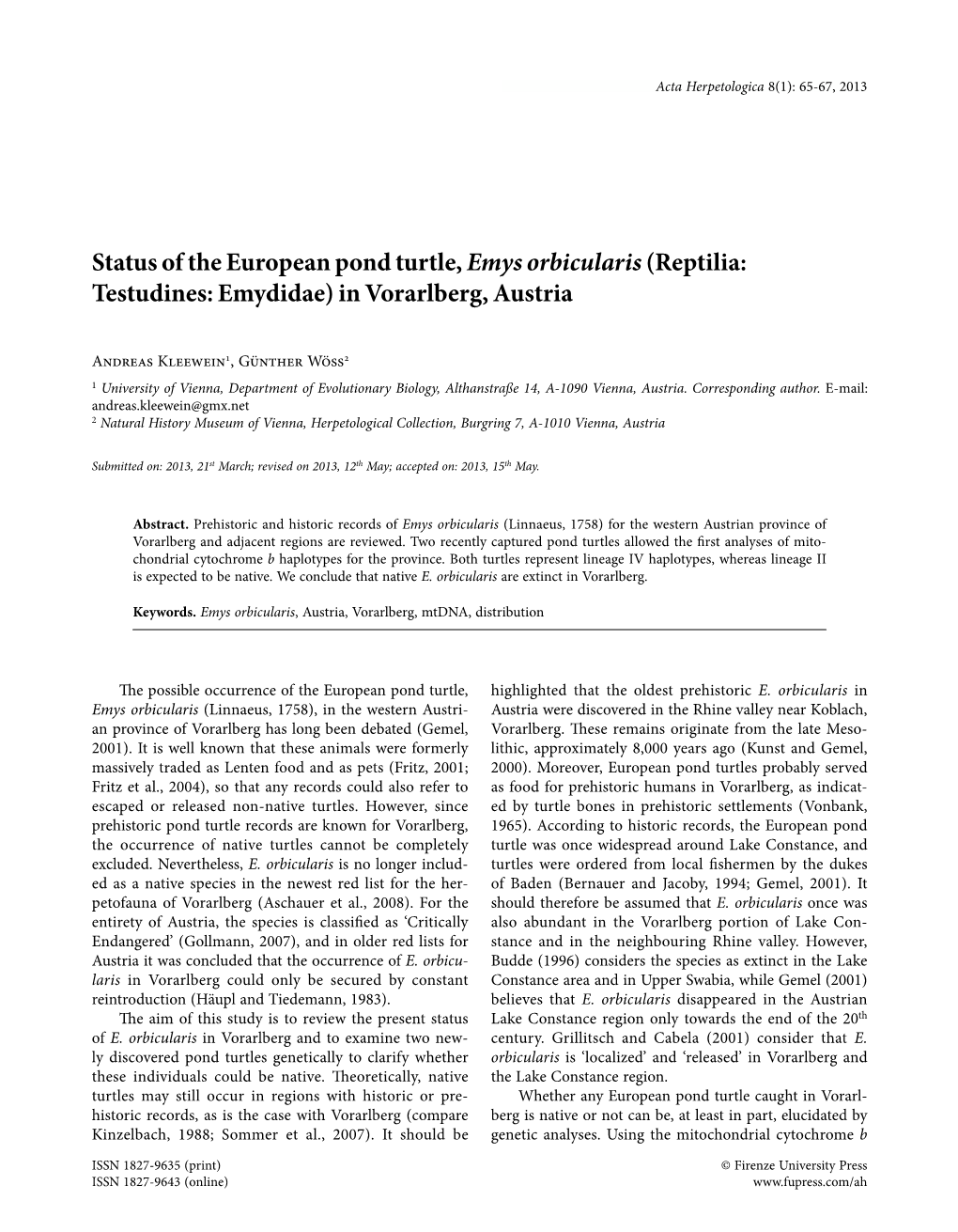 Status of the European Pond Turtle, Emys Orbicularis (Reptilia: Testudines: Emydidae) in Vorarlberg, Austria