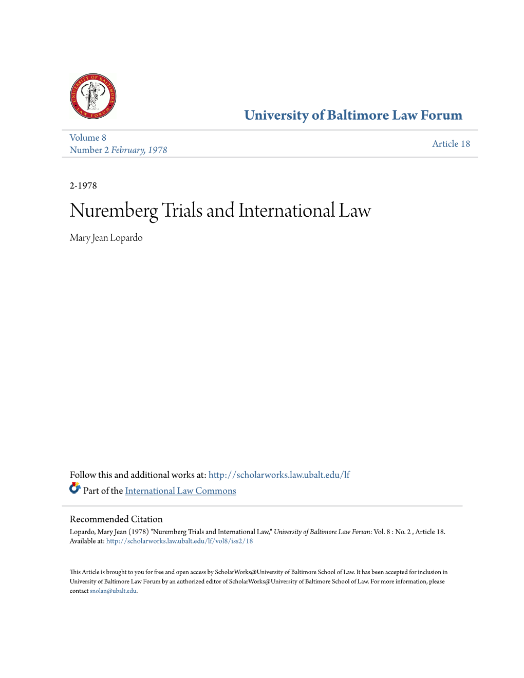 Nuremberg Trials and International Law Mary Jean Lopardo