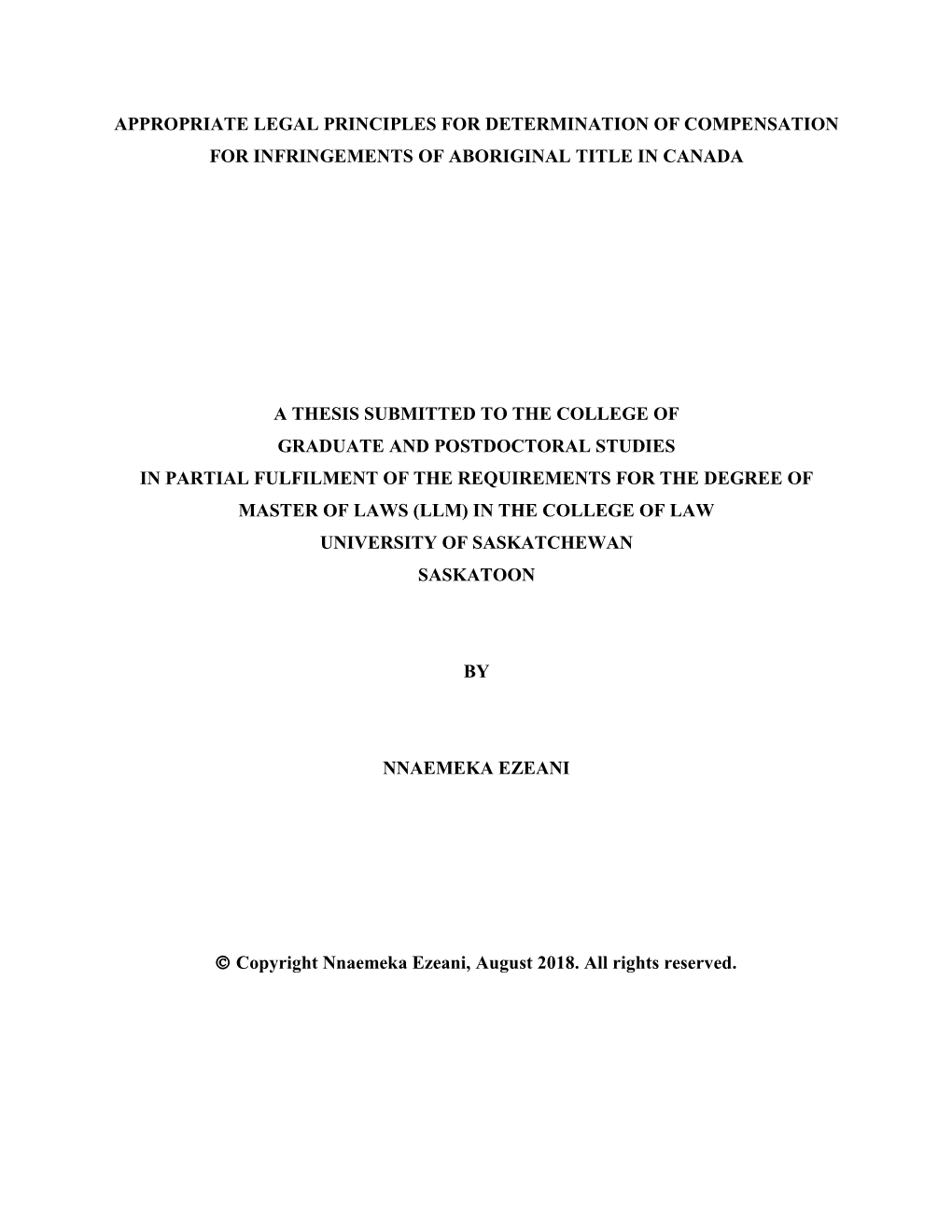 Appropriate Legal Principles for Determination of Compensation for Infringements of Aboriginal Title in Canada