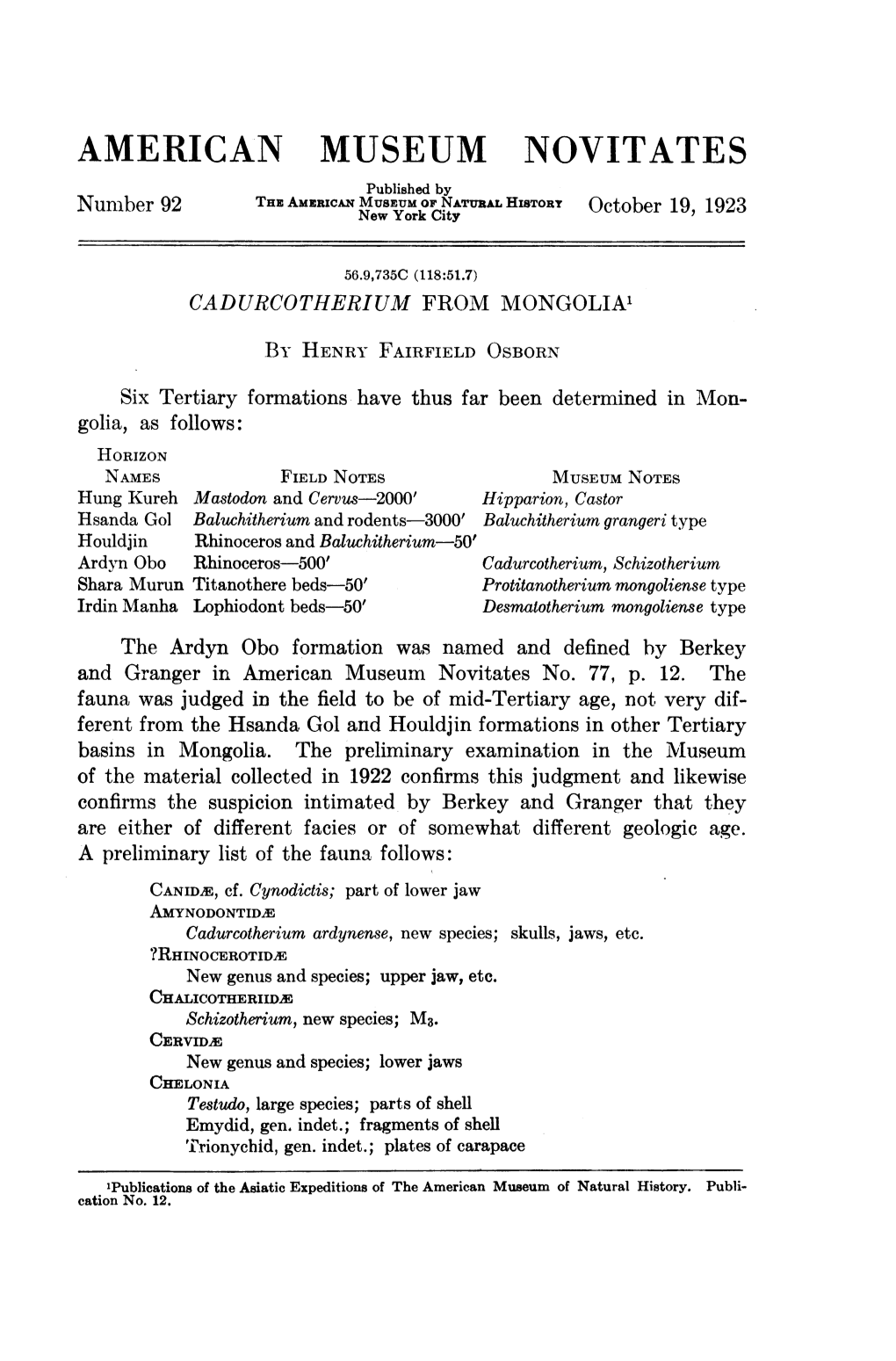 AMERICAN MUSEUM NOVITATES Published by Thz Museum of NATURAL History Nunmber 92 Amzricannew York City October 19, 1923