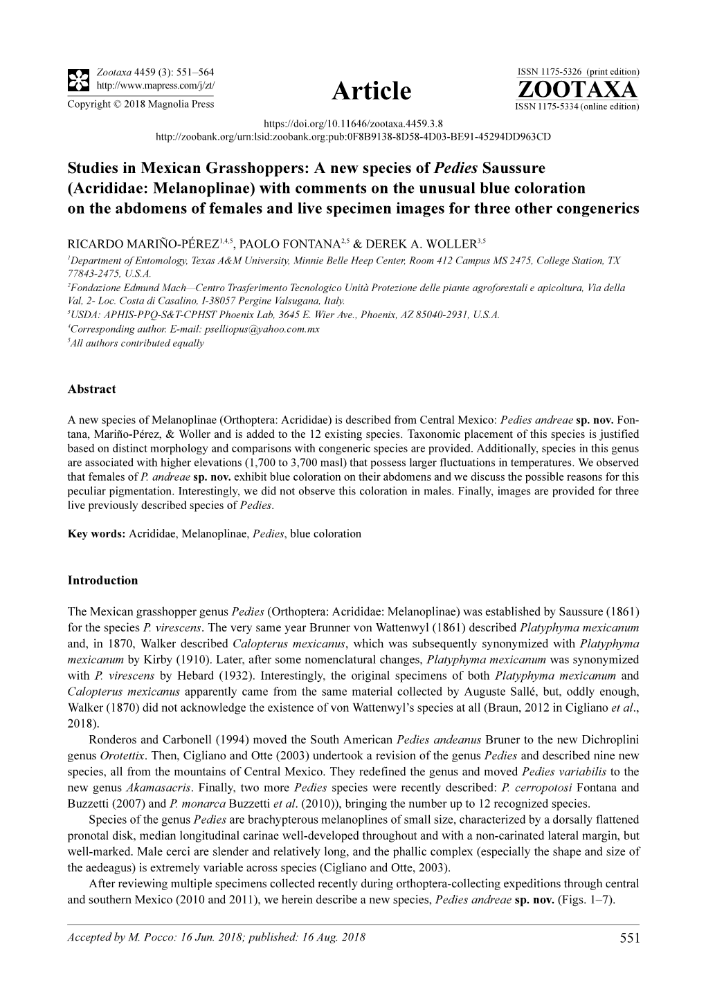 Acrididae: Melanoplinae) with Comments on the Unusual Blue Coloration on the Abdomens of Females and Live Specimen Images for Three Other Congenerics