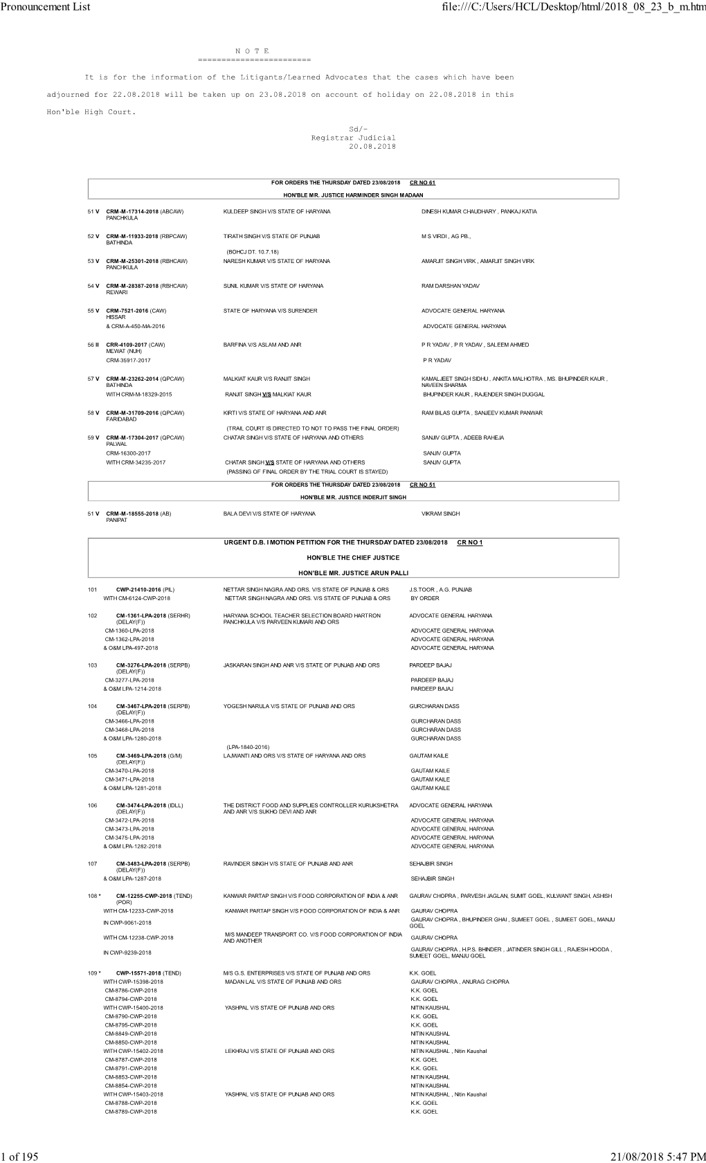 Pronouncement List File:///C:/Users/HCL/Desktop/Html/2018 08 23 B M.Htm