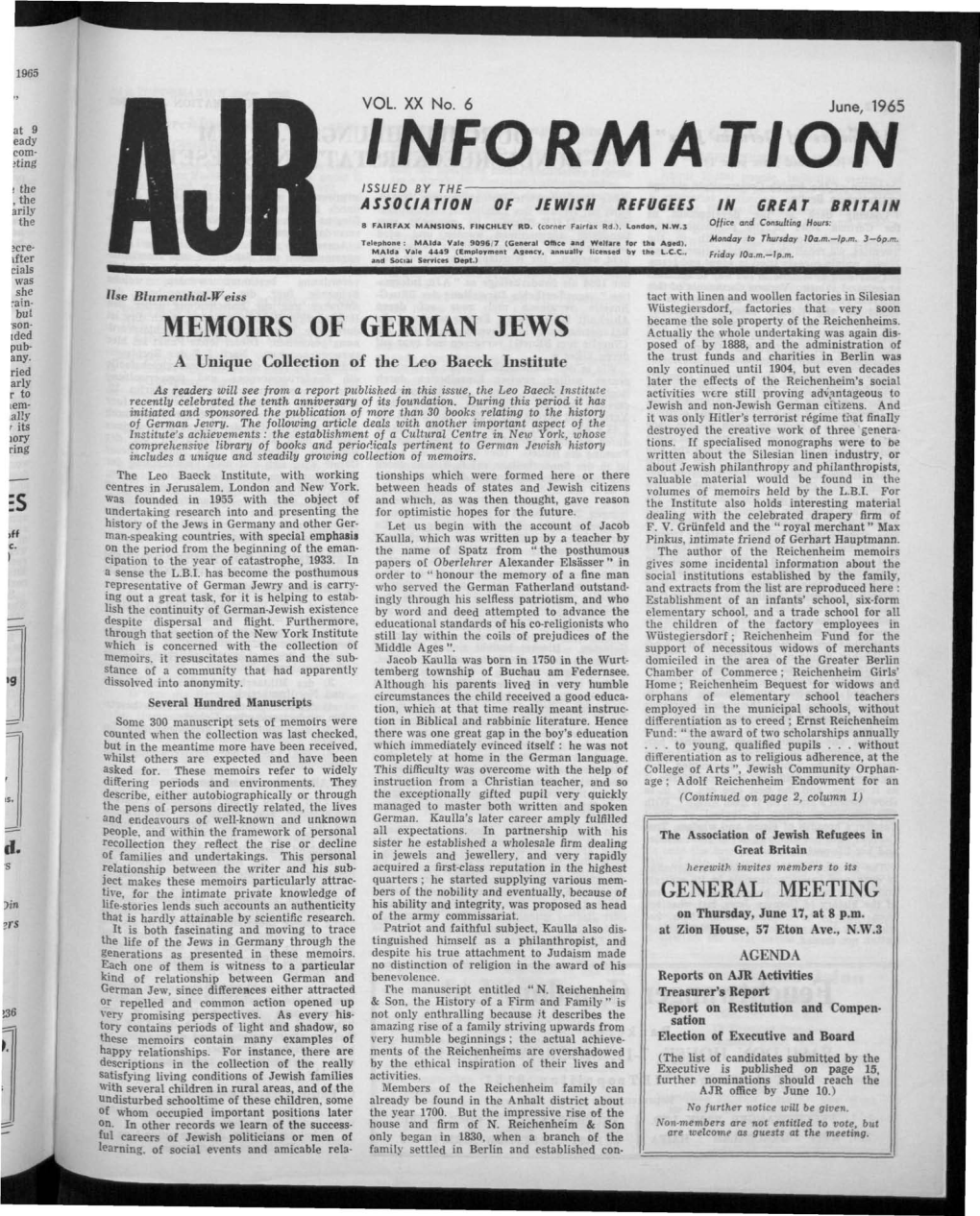 Information Issued by the — Association of Jewish Refugffs in Great Britain