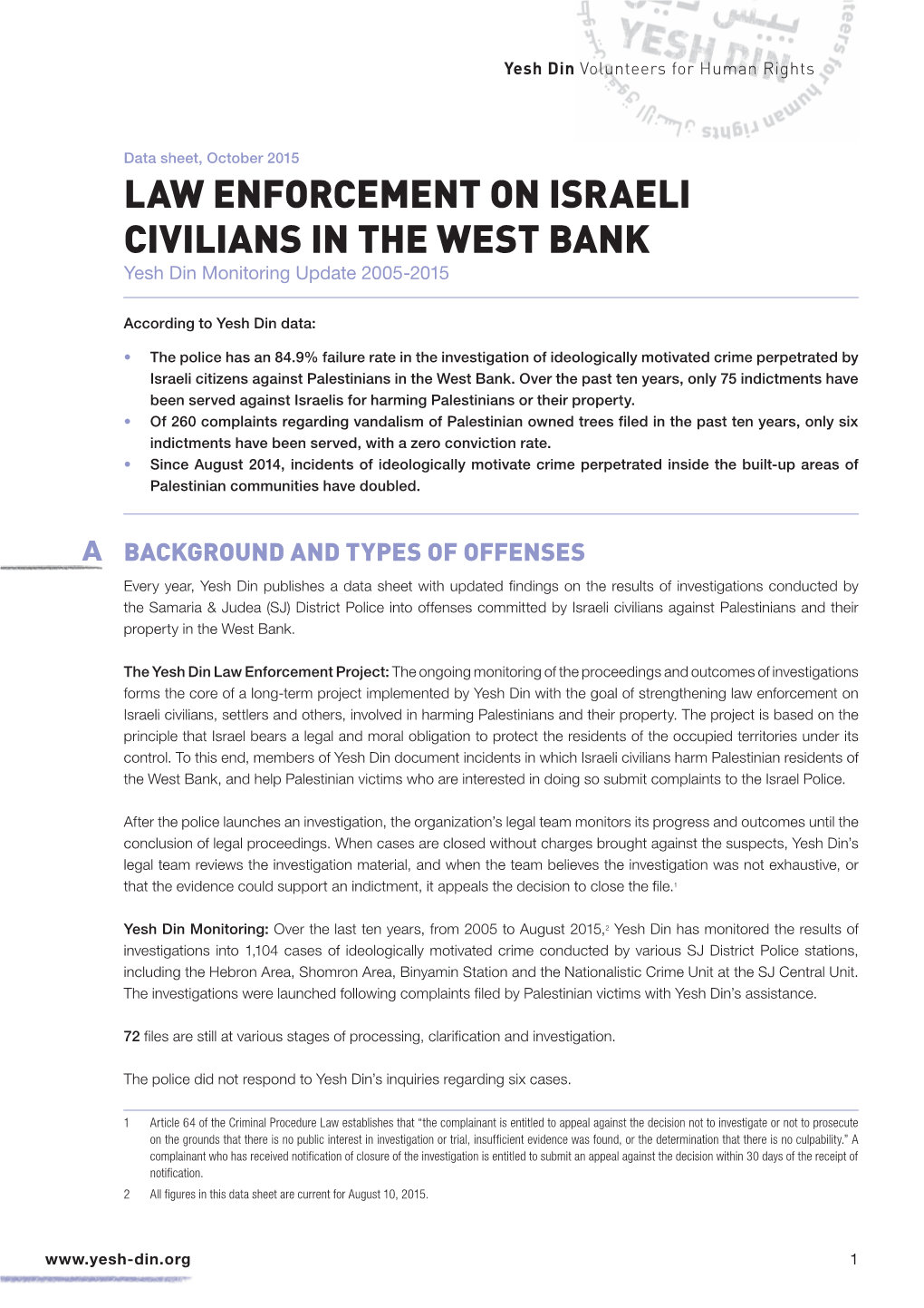 LAW ENFORCEMENT on ISRAELI CIVILIANS in the WEST BANK Yesh Din Monitoring Update 2005-2015