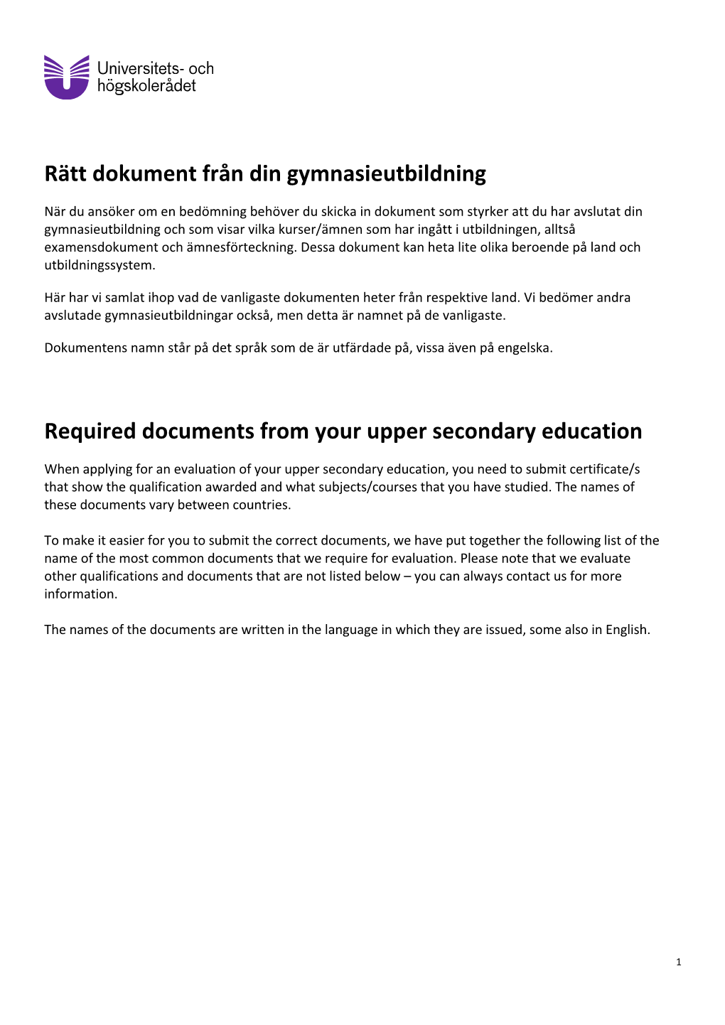 Rätt Dokument Från Din Gymnasieutbildning Required