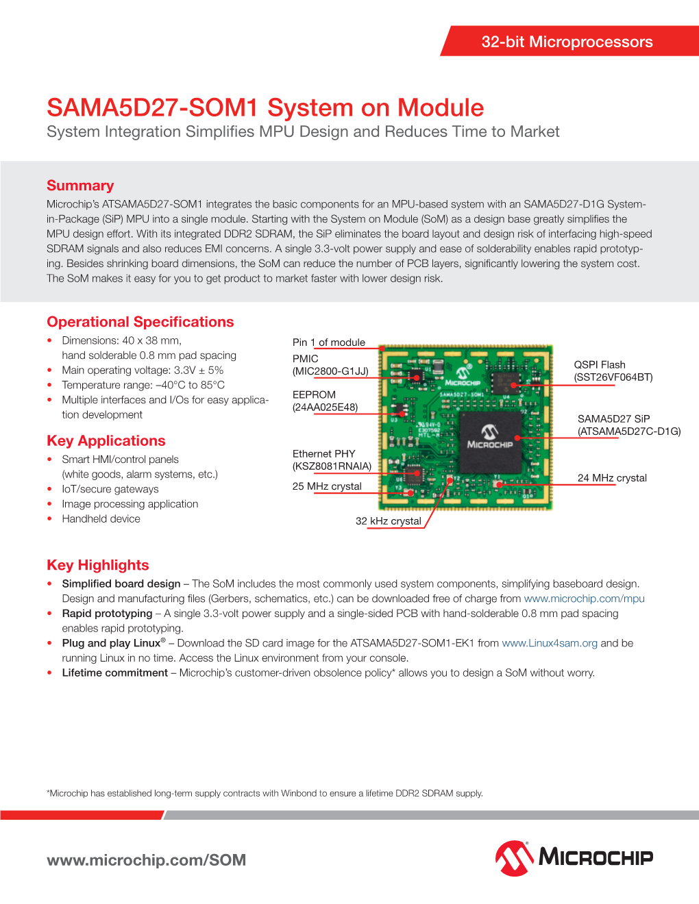 SAMA5D27-SOM1 System on Module System Integration Simplifies MPU Design and Reduces Time to Market