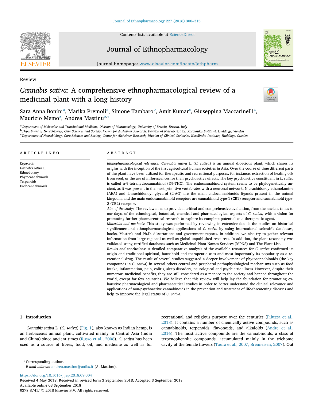 Cannabis Sativa: a Comprehensive Ethnopharmacological Review of a Medicinal Plant with a Long History T