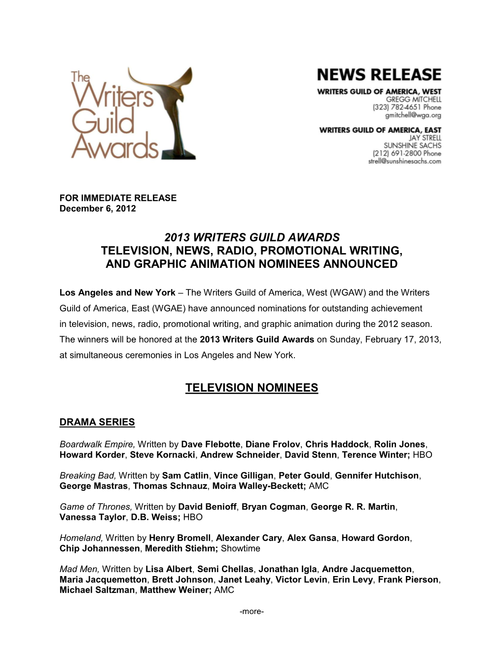 2013 Writers Guild Awards Television, News, Radio, Promotional Writing, and Graphic Animation Nominees Announced