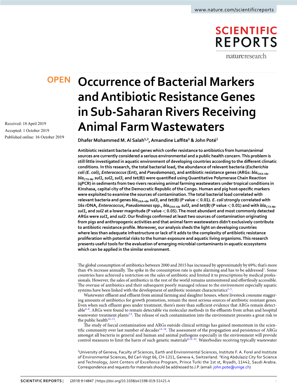 Occurrence of Bacterial Markers and Antibiotic Resistance Genes in Sub