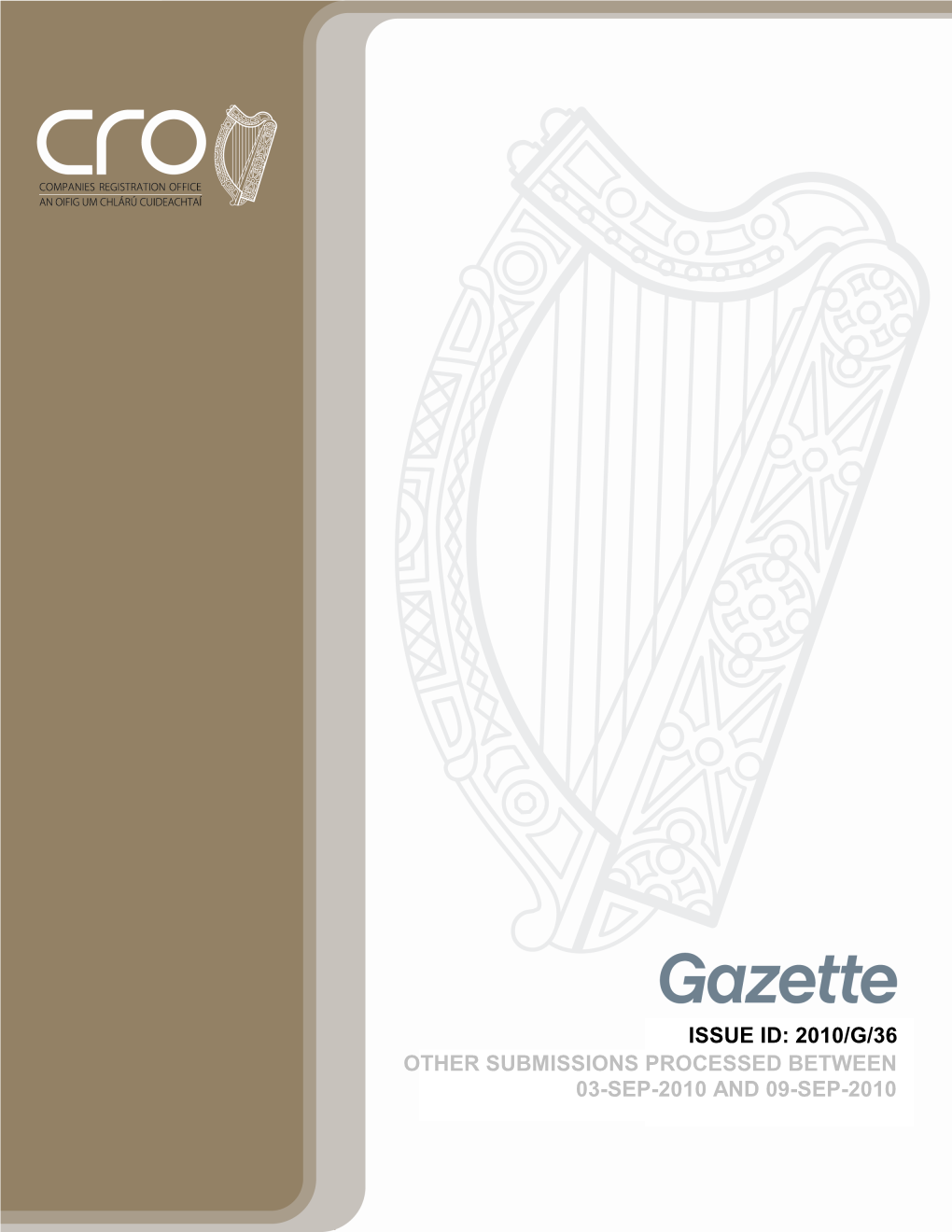 Issue Id: 2010/G/36 Other Submissions Processed Between 03-Sep-2010 and 09-Sep-2010 Index of Submission Types