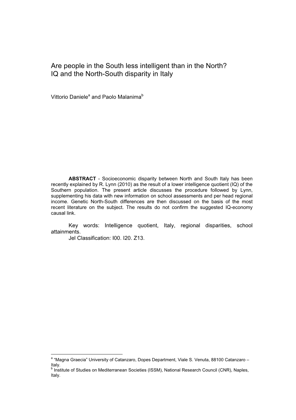 IQ and the North-South Disparity in Italy