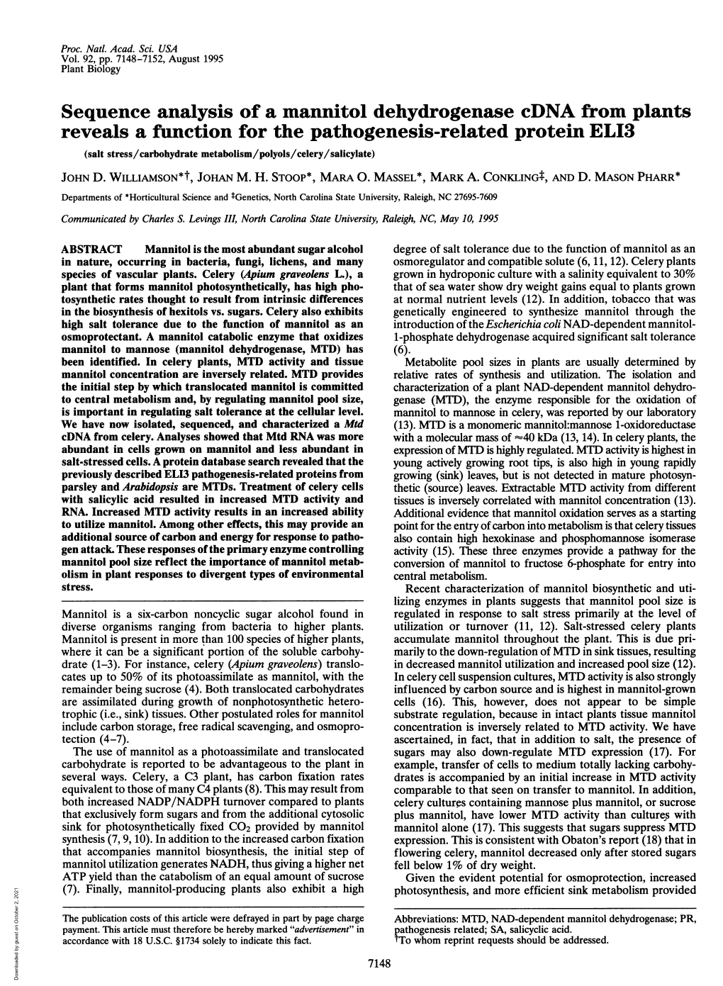 Sequence Analysis of a Mannitol Dehydrogenase Cdna from Plants Reveals a Function for the Pathogenesis-Related Protein ELI3