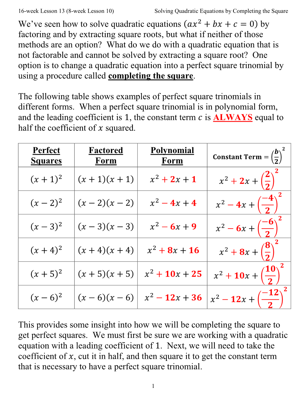 Solving Quadratic Equations by Completing the Square