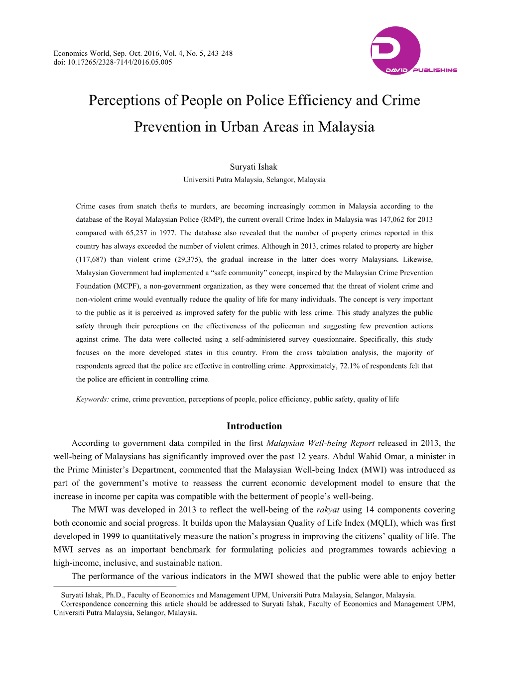 Perceptions of People on Police Efficiency and Crime Prevention in Urban Areas in Malaysia