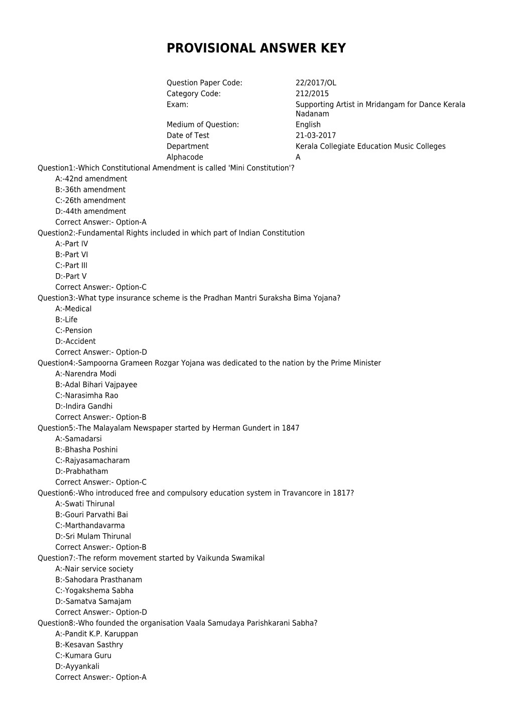 Provisional Answer Key