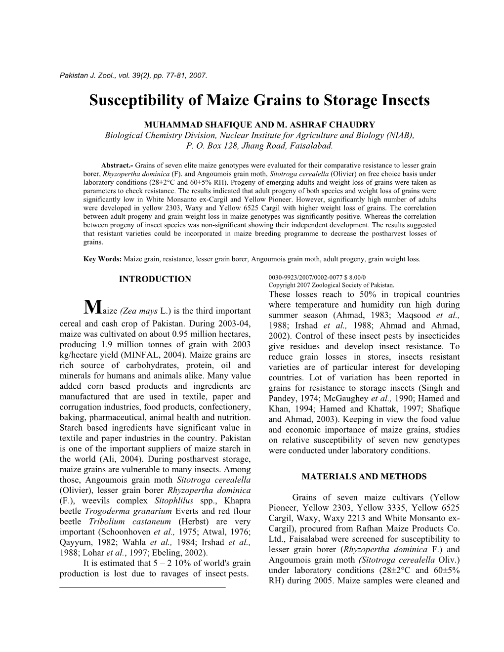 Susceptibility of Maize Grains to Storage Insects