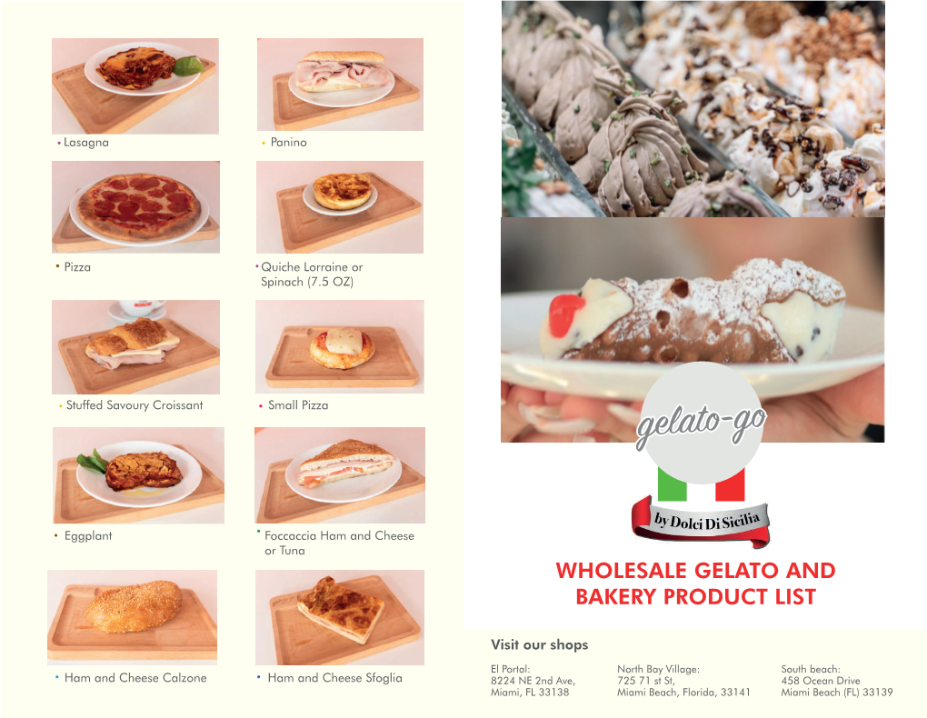 Wholesale Gelato and Bakery Product List