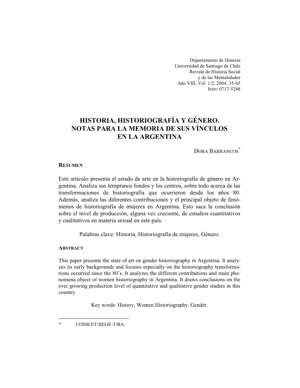 Historia, Historiografía Y Género. Notas Para La Memoria De Sus Vínculos En La Argentina