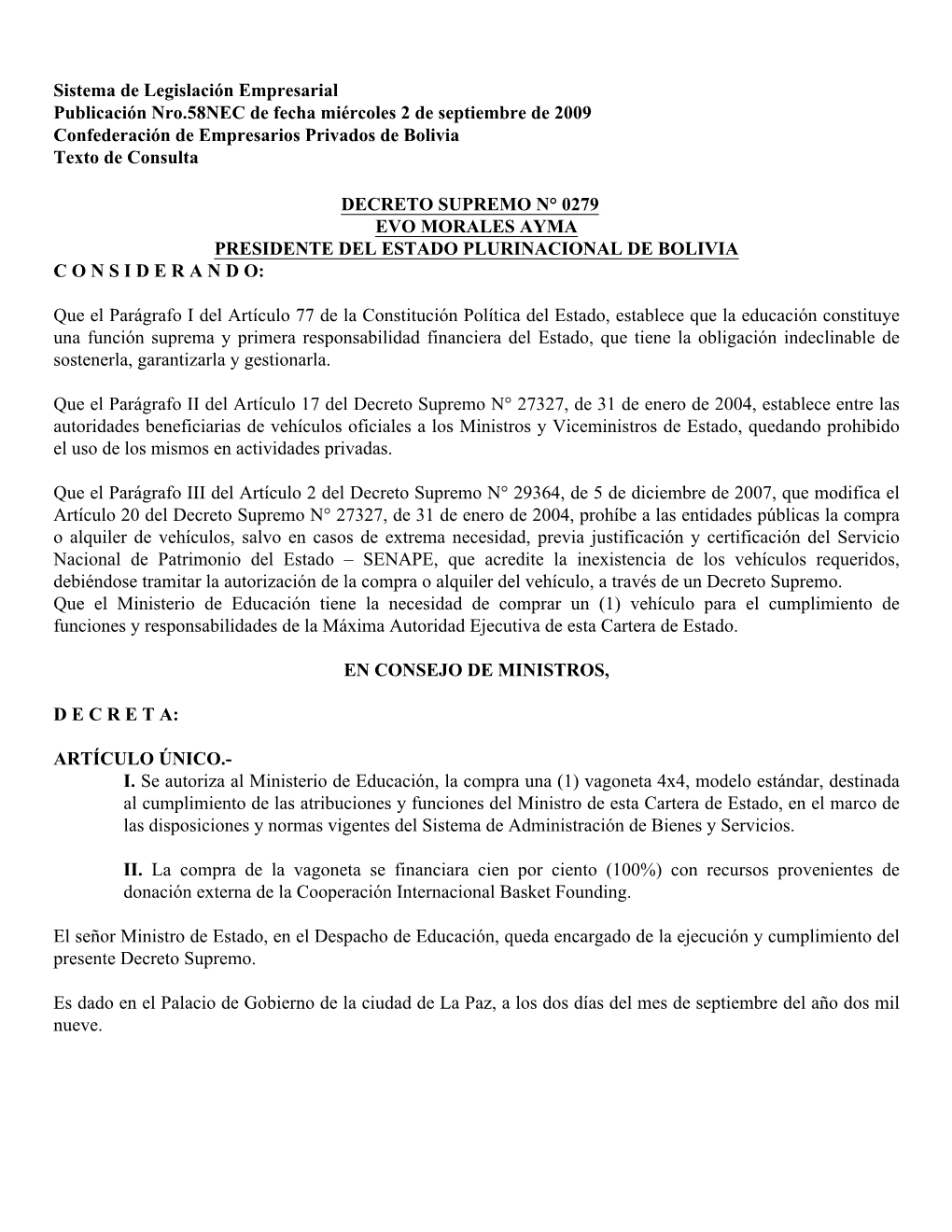 Sistema De Legislación Empresarial Publicación Nro.58NEC De Fecha Miércoles 2 De Septiembre De 2009 Confederación De Empresarios Privados De Bolivia Texto De Consulta
