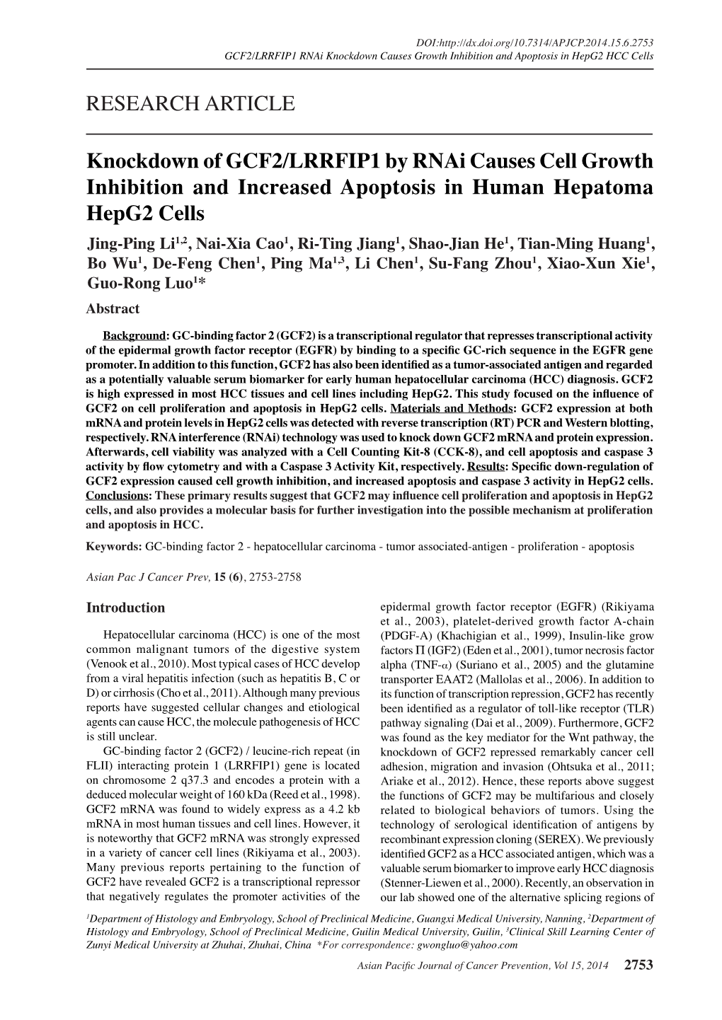 RESEARCH ARTICLE Knockdown of GCF2/LRRFIP1 by Rnai Causes