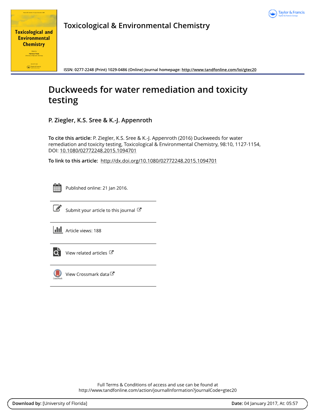 Duckweeds for Water Remediation and Toxicity Testing