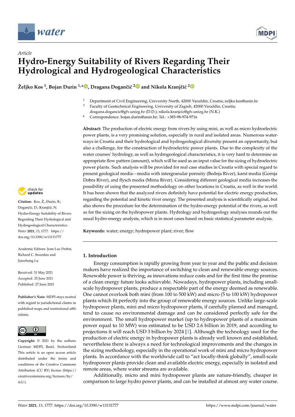 Hydro-Energy Suitability of Rivers Regarding Their Hydrological and Hydrogeological Characteristics