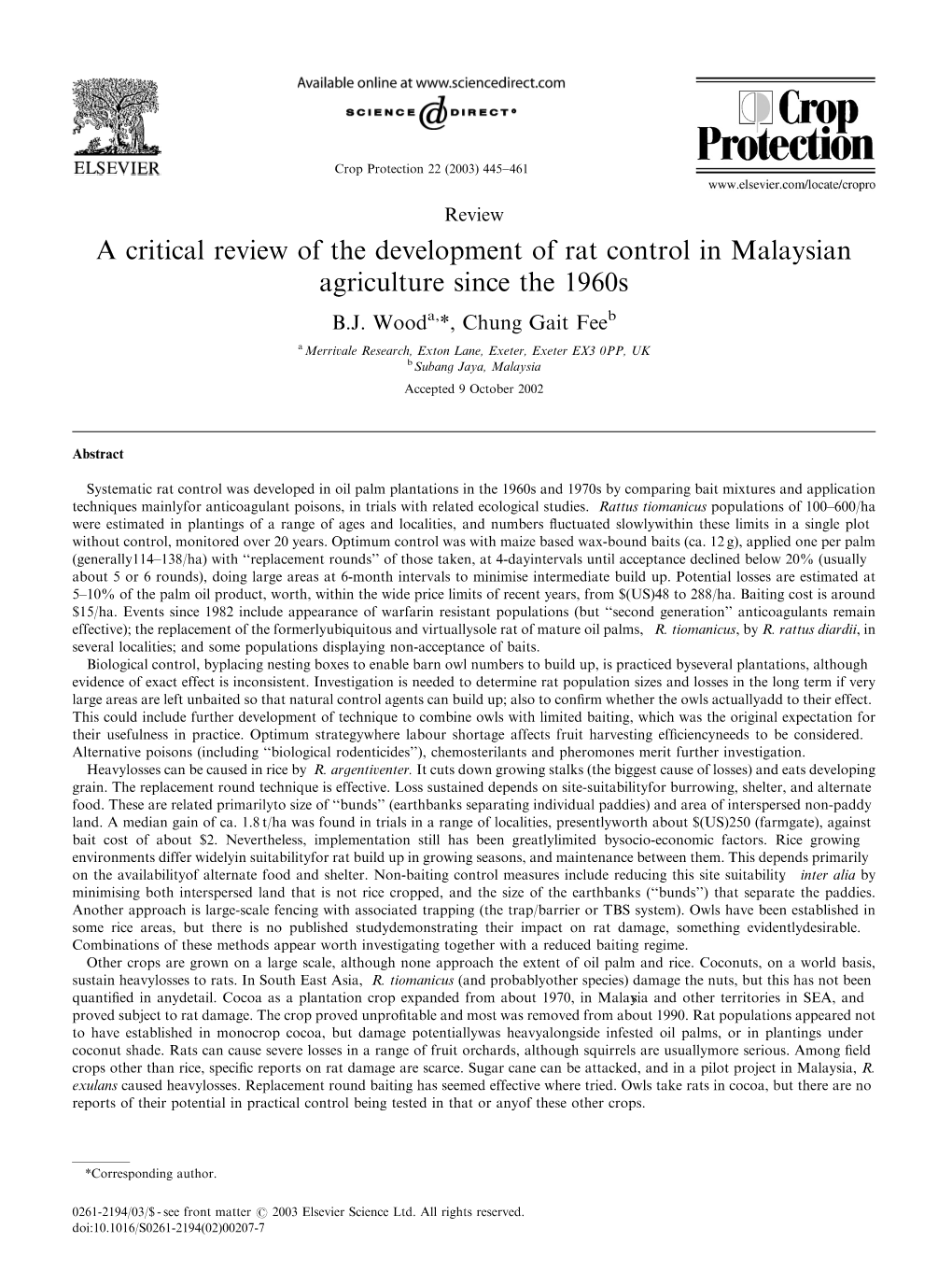 A Critical Review of the Development of Rat Control in Malaysian Agriculture Since the 1960S B.J