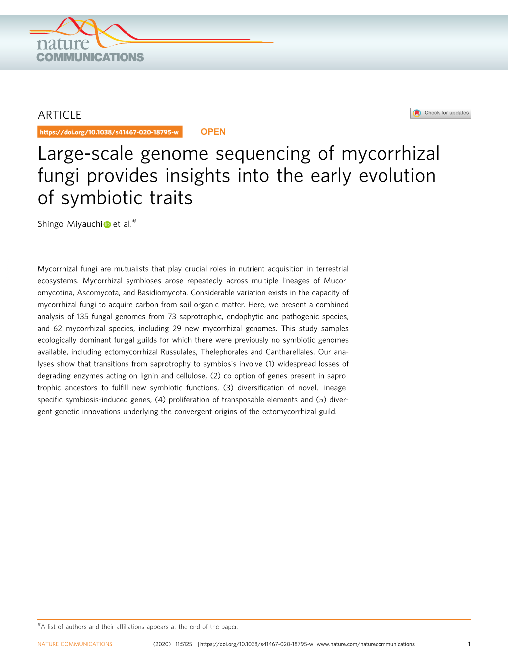 S41467-020-18795-W OPEN Large-Scale Genome Sequencing of Mycorrhizal Fungi Provides Insights Into the Early Evolution of Symbiotic Traits