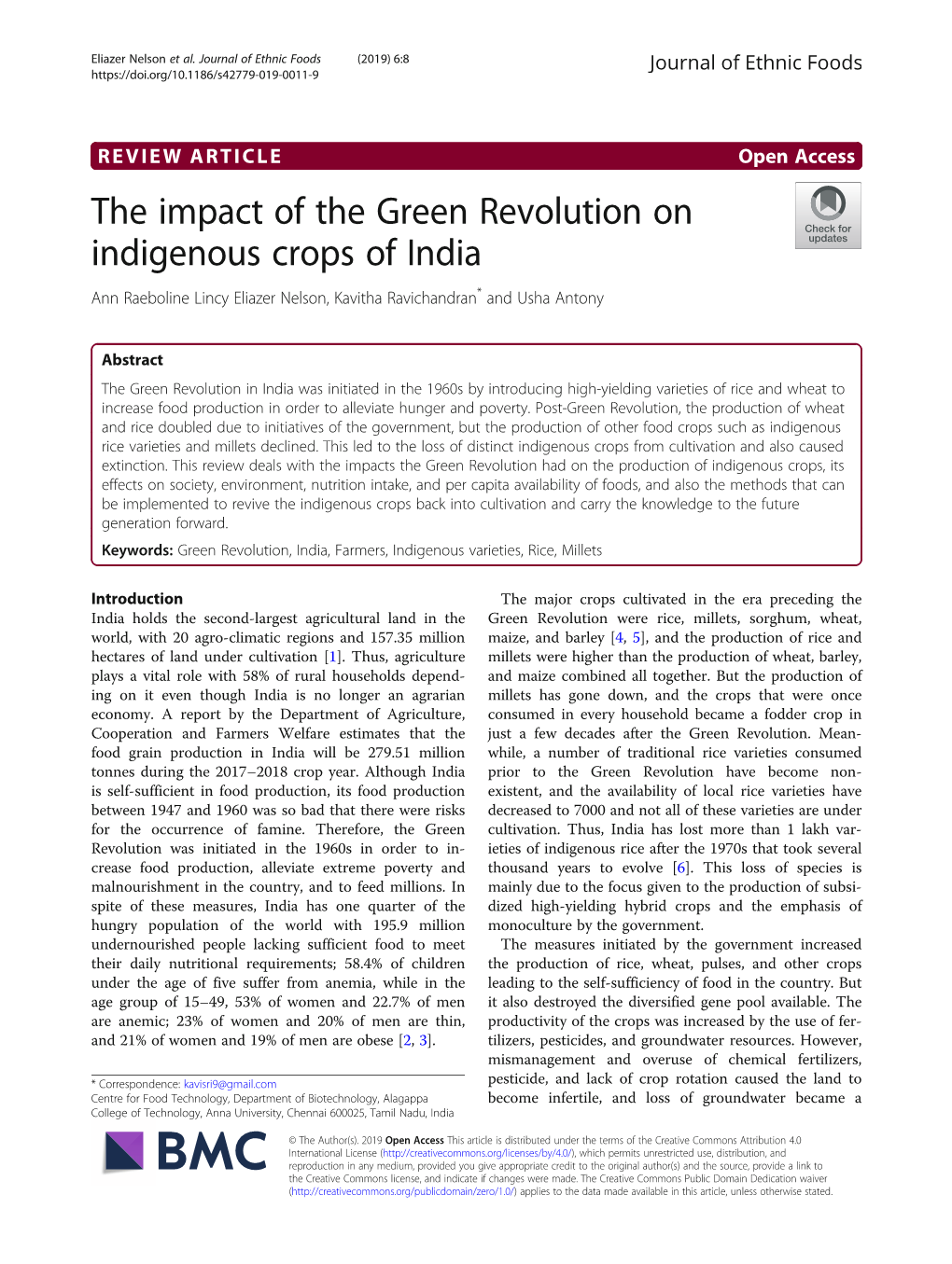The Impact of the Green Revolution on Indigenous Crops of India Ann Raeboline Lincy Eliazer Nelson, Kavitha Ravichandran* and Usha Antony