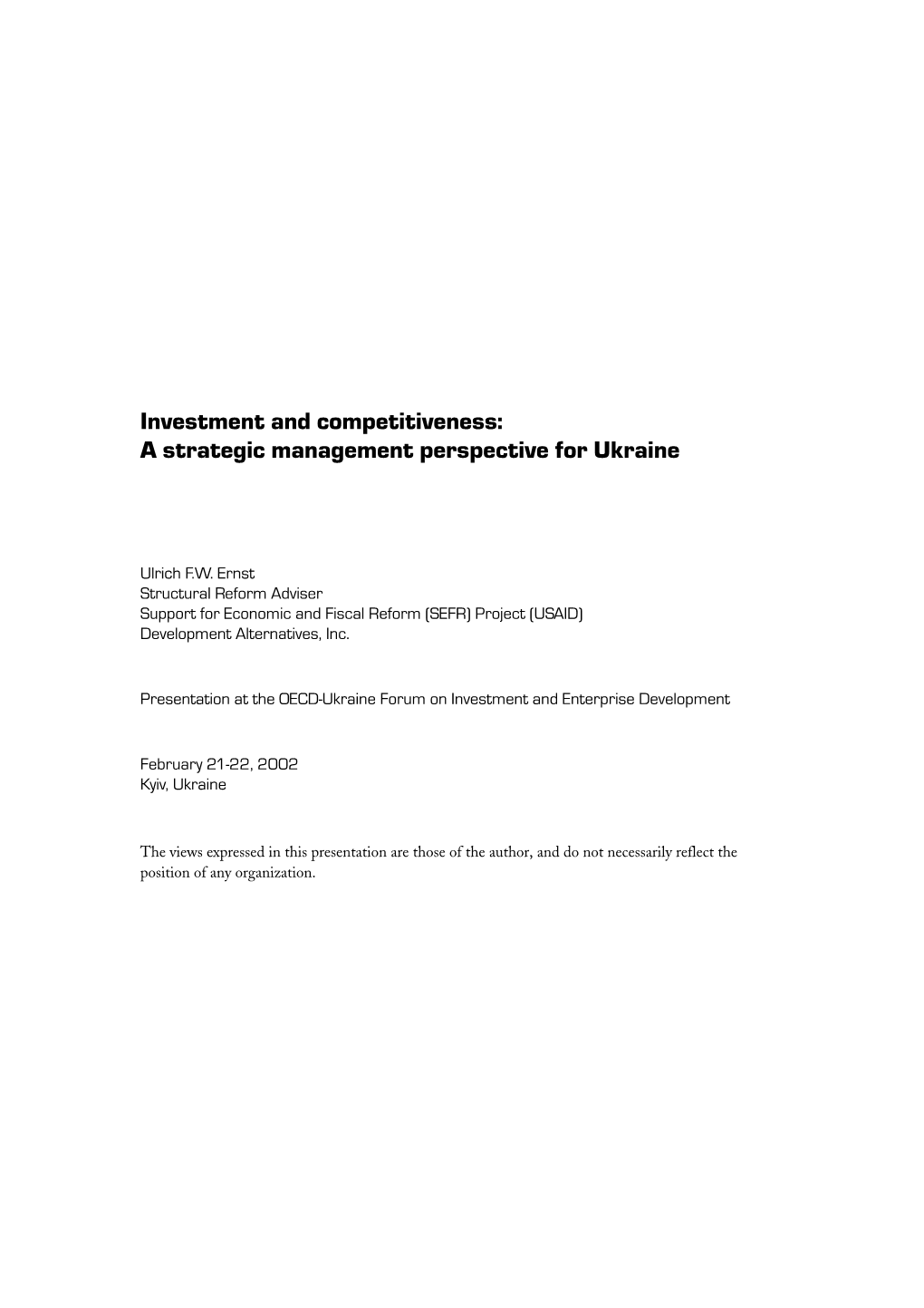 Investment and Competitiveness: a Strategic Management Perspective for Ukraine