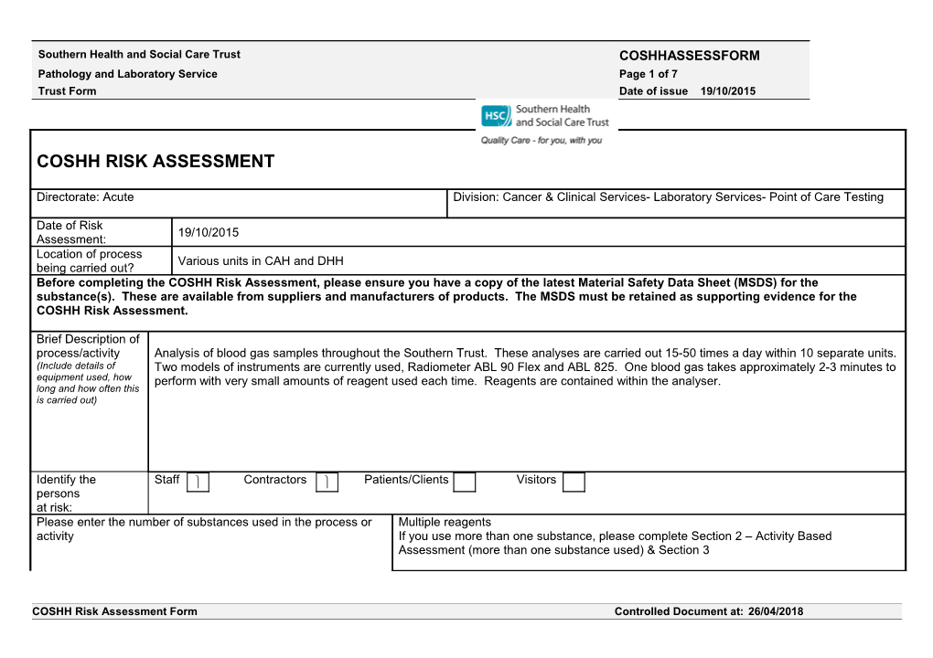 COSHH Risk Assessment Form Controlled Document At: 09/03/2016