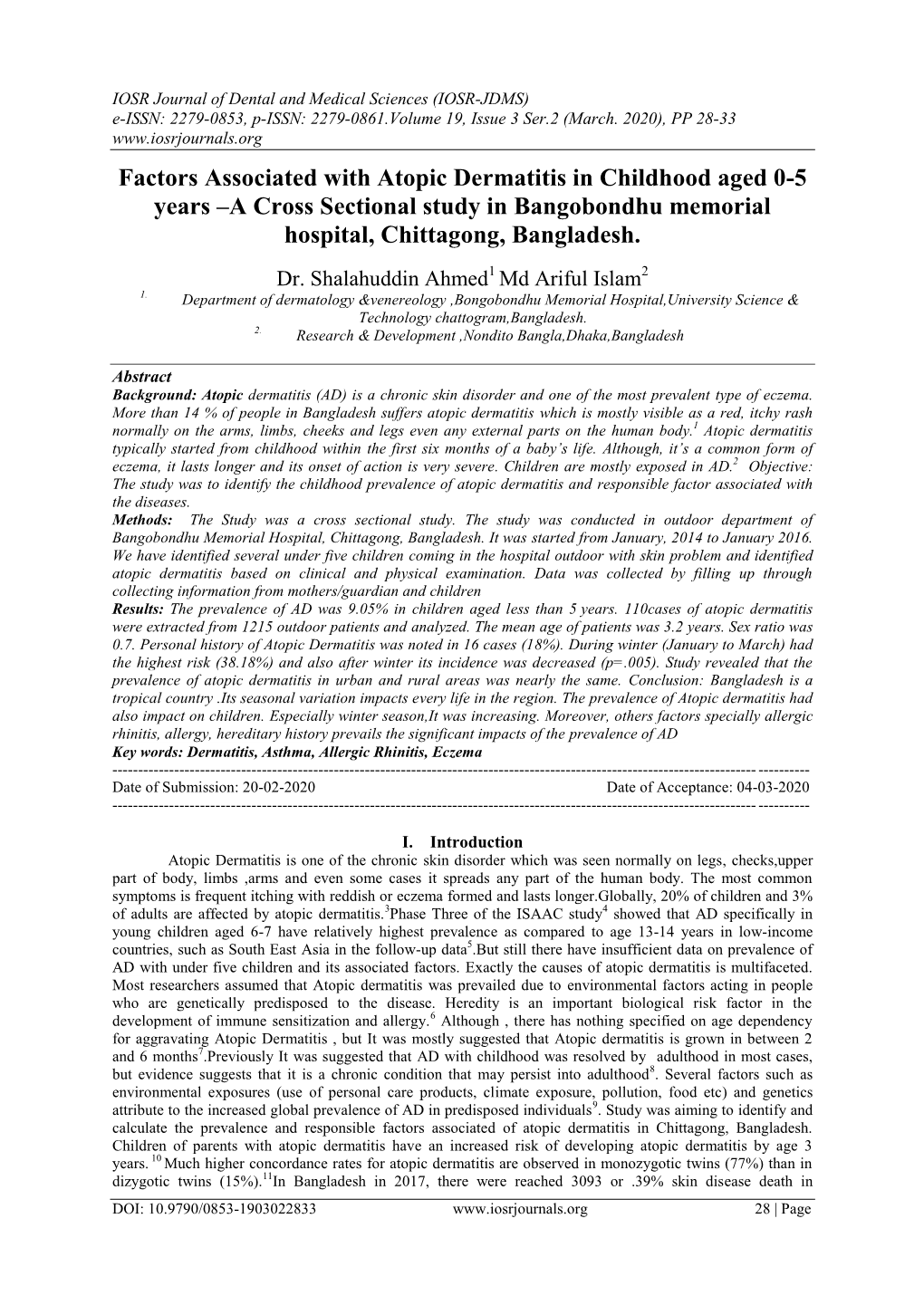 Factors Associated with Atopic Dermatitis in Childhood Aged 0-5 Years –A Cross Sectional Study in Bangobondhu Memorial Hospital, Chittagong, Bangladesh